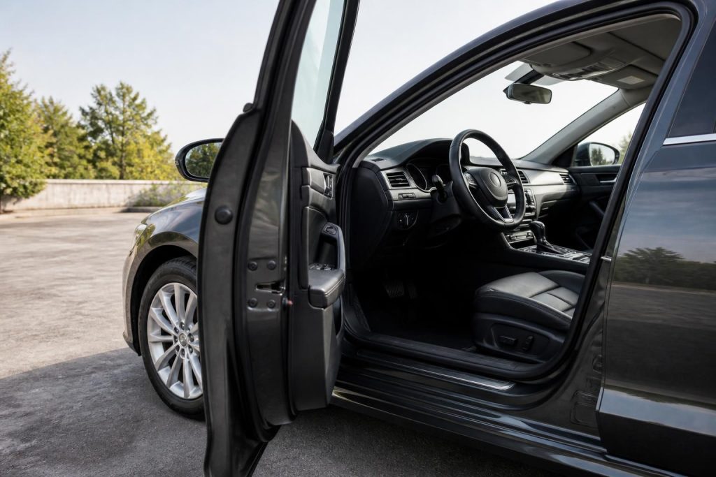 Clean glossy car exterior with a polished interior in natural light